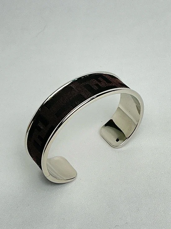 FENDI Brown Monogram Cloth Canvas Silver Cuff Bangle Bracelet - Picture 2 of 8